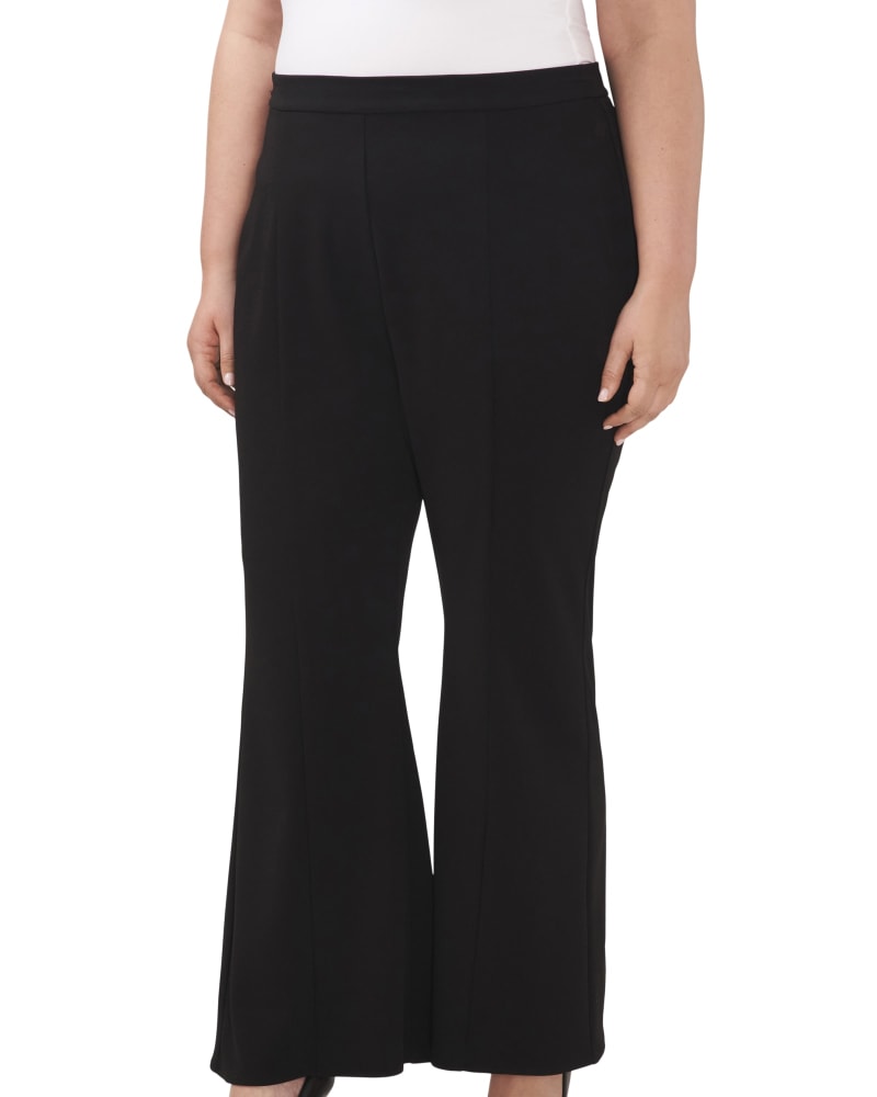 Front of a model wearing a size 14W Stella Princess Seam Flared Pant in RICH BLACK by CeCe. | dia_product_style_image_id:263802